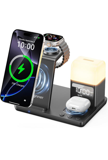 Augnner Stazione di ricarica induttiva per iPhone 16/15/14/13/12/11 Serie, caricatore wireless 6 in 1 con lampada da comodino e sveglia, caricatore wireless compatibile con Apple Watch Series, AirPods , spedizione gratuita