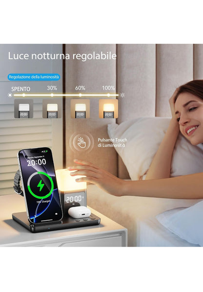 Augnner Stazione di ricarica induttiva per iPhone 16/15/14/13/12/11 Serie, caricatore wireless 6 in 1 con lampada da comodino e sveglia, caricatore wireless compatibile con Apple Watch Series, AirPods , spedizione gratuita