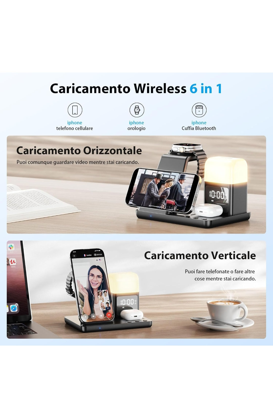 Augnner Stazione di ricarica induttiva per iPhone 16/15/14/13/12/11 Serie, caricatore wireless 6 in 1 con lampada da comodino e sveglia, caricatore wireless compatibile con Apple Watch Series, AirPods , spedizione gratuita