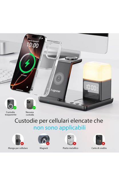 Augnner Stazione di ricarica induttiva per iPhone 16/15/14/13/12/11 Serie, caricatore wireless 6 in 1 con lampada da comodino e sveglia, caricatore wireless compatibile con Apple Watch Series, AirPods , spedizione gratuita