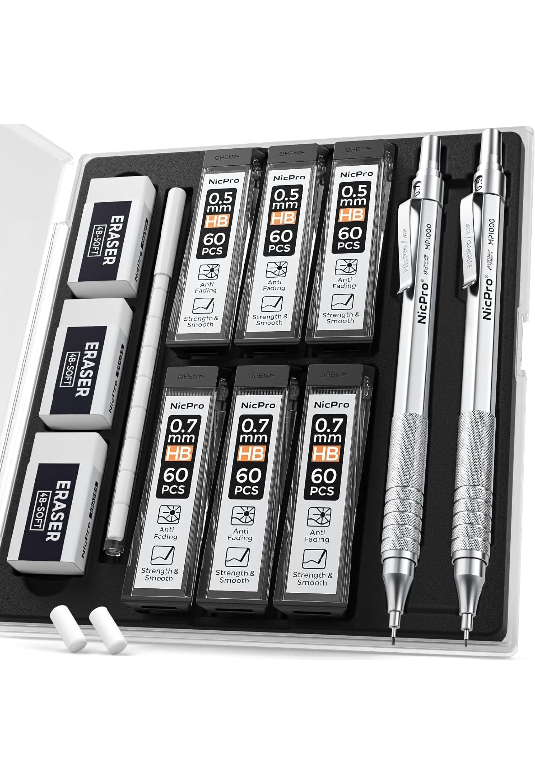 Nicpro 2 Pezzi 0,5 & 0,7mm Metallo Matite Meccaniche Set con Astuccio, Art Matite Portamine con 6 Tubi HB Mine, 2 Gomma, 9 Ricariche Di Gomma, Astuccio Per Artista Disegno Scrittura, Schizzi , spedizione gratuita su ordine superiore a 50€