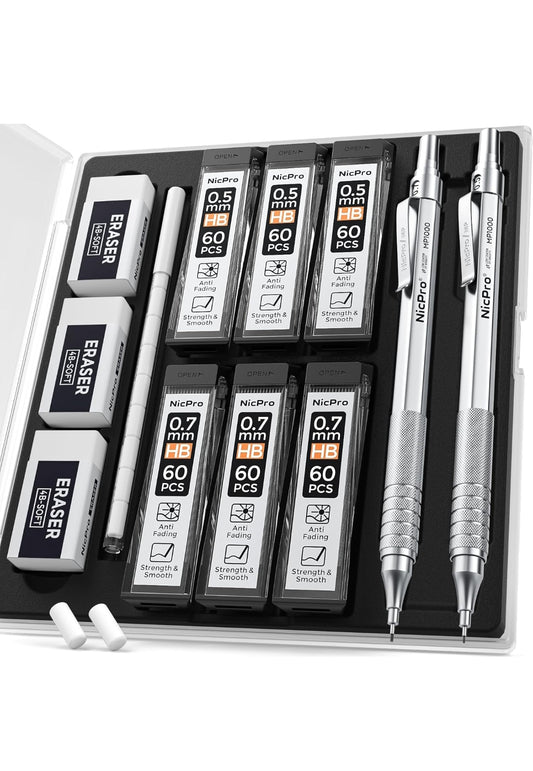 Nicpro 2 Pezzi 0,5 & 0,7mm Metallo Matite Meccaniche Set con Astuccio, Art Matite Portamine con 6 Tubi HB Mine, 2 Gomma, 9 Ricariche Di Gomma, Astuccio Per Artista Disegno Scrittura, Schizzi , spedizione gratuita su ordine superiore a 50€