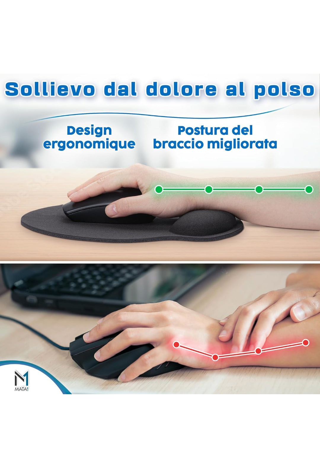 Tappetino per mouse Mata1 (nero), supporto per il polso ergonomico con imbottitura morbida, tappetino per mouse adatto ai viaggi con morbido cuscino in memory foam in gel , spedizione gratuita su ordine superiore a 50€